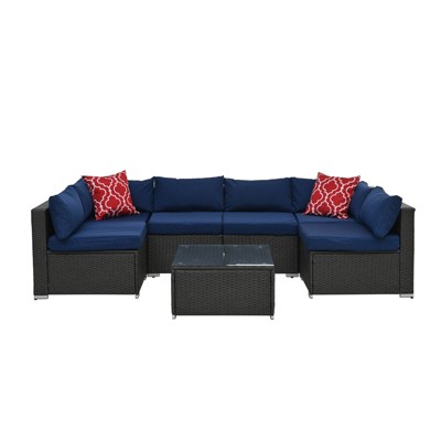 GlasFlength Patio Seating Sets 7 PCS Patio Furniture Set Rattan Sectional Conversation Sofa Coffee Table, Blue, 29.1"*29.1"*25.5"