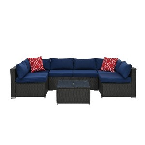 GlasFlength Patio Seating Sets 7 PCS Patio Furniture Set Rattan Sectional Conversation Sofa Coffee Table, Blue, 29.1"*29.1"*25.5" - 1 of 4