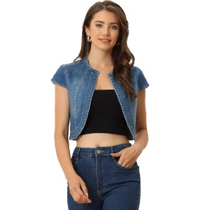 INSPIRE CHIC Women's Cap Sleeve Slim Fit Summer Open Front Crop Denim Jacket - 1 of 4