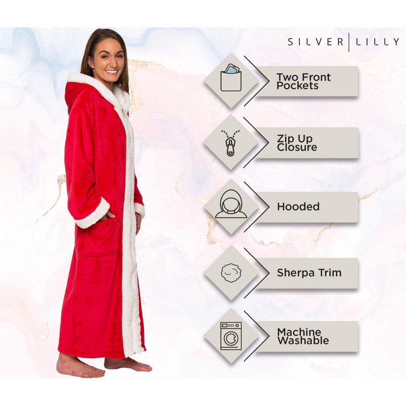 Silver Lilly - Women's Plush Zip Up Hooded Robe with Sherpa Trim, 4 of 7