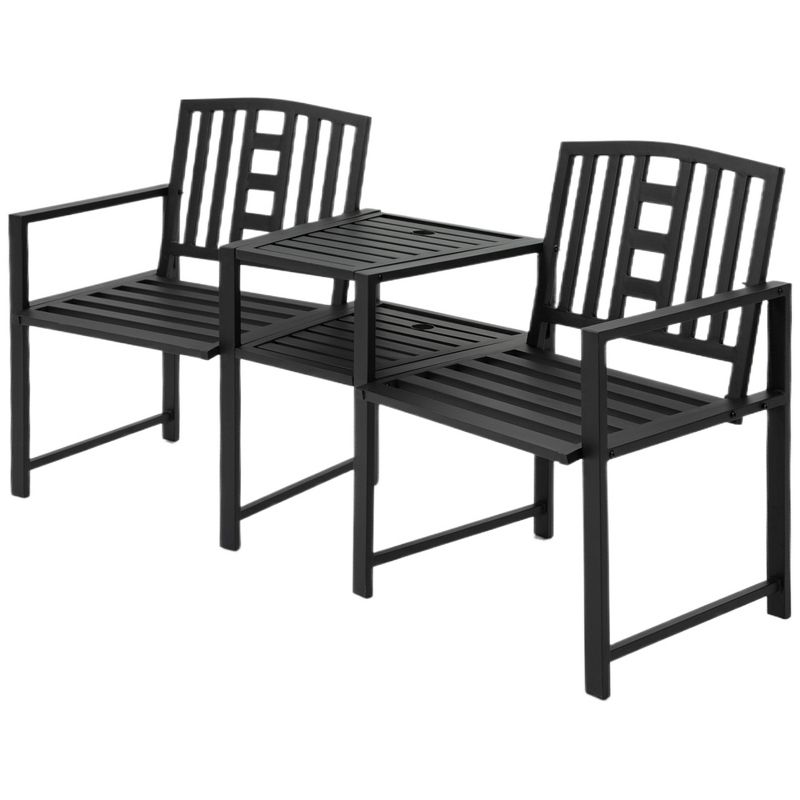 Outsunny Metal Garden Bench with Middle Table and Umbrella Hole, 2-in-1 Double Patio Chairs, Outdoor 2-person Tete-a-Tete, Slatted, Black, 4 of 12