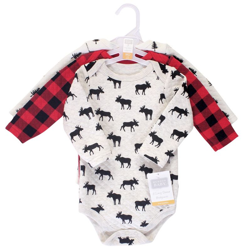 Hudson Baby Infant Boy Quilted Long-Sleeve Cotton Bodysuits 3pk, Moose, 3 of 6
