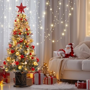 4.5ft Pre-Lit Snow Flocked Artificial Christmas Tree with 200 Lights & 12 Red Berries,Artificial Xmas Tree wit Transparent Base for Home/Office,2PCS - 1 of 4