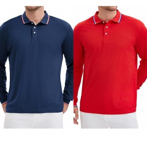 INSPIRE CHIC Men's Classic Regular Fit Solid Long Sleeves Business Golf Polo Shirts 2 Packs - 1 of 4