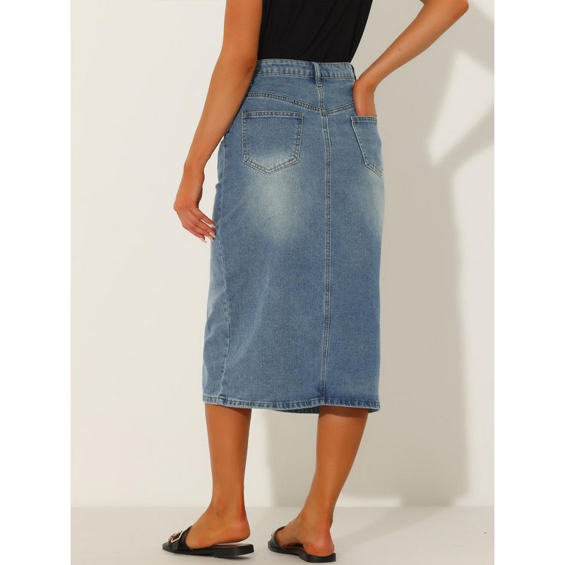 Allegra K Women's Midi High Waist Slit Front with Pockets Jean Skirts, 3 of 6