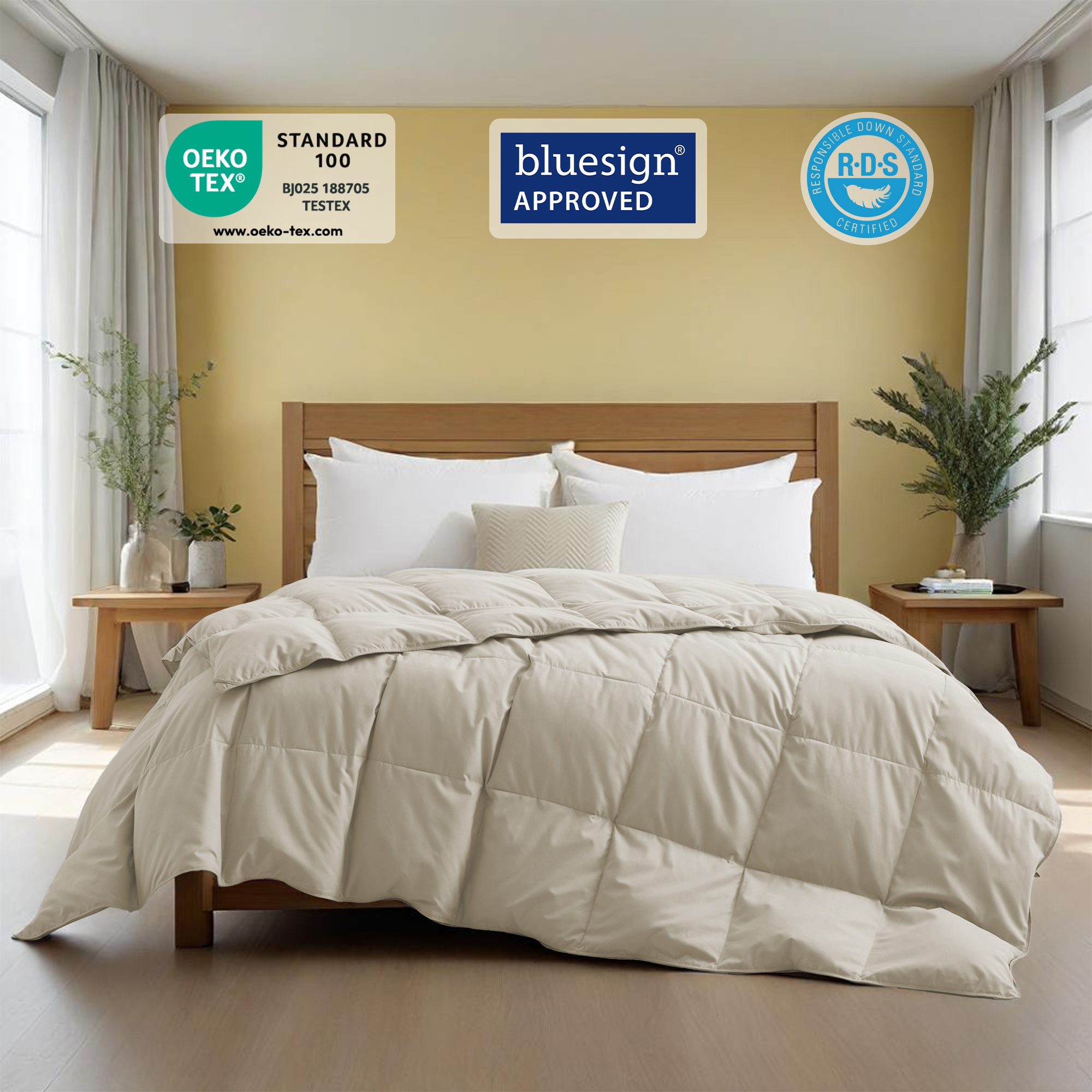 Peace Nest Lightweight White Goose Down Comforter - Ultra Soft Noiseless 360 Thread Count Fabric, Light Khaki, King