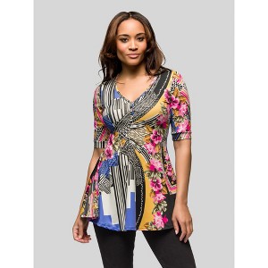 24seven Comfort Apparel Womens Multicolor Floral Print Elbow Sleeve V Neck Henley Tunic Top - 1 of 4