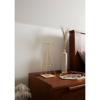 Matte Brass Steel Pyramid Jewelry Stand with Linen Base