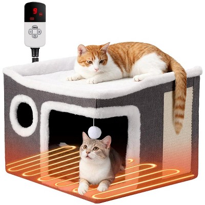 GOTGELIF Heated Cat House Non-Slip Cat Bed with 9 Temperature Settings, Scratching Board & Cotton Cave, Indoor Use for Cats