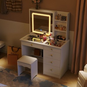 Famapy Whtie Vantiy Table Elegant Makeup Vanity Crystal Accent Lighting Mirror Glass Top Dresser - 1 of 4
