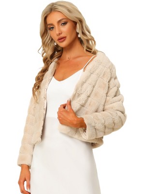 Allegra K Women's Winter Warm Cropped Collarless Faux Fur Fluffy Jacket