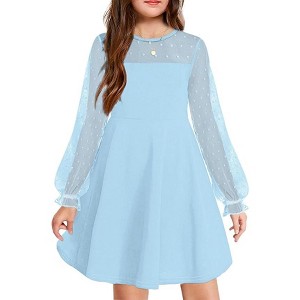 Arshiner Girl's Contrast Mesh Puff Long Sleeve High Waist A Line Short Dress with Pockets for 6-13 Years - 1 of 4