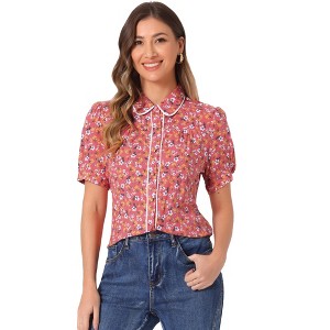 INSPIRE CHIC Women's Peter Pan Collar Contrast Trim Puff Sleeve Peasant Floral Shirt - 1 of 4