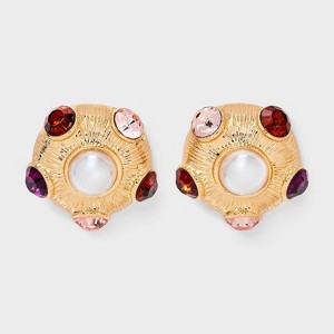 Pearl and Multi-Stone Button Earrings - A New Day™ Gold/Red/Purple - 1 of 3