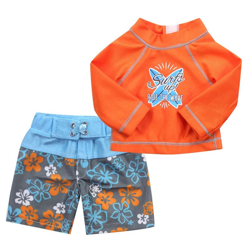 Sophia's - 18" Doll - Surf Shirt & Floral Print Swim Trunks - Orange, 1 of 6