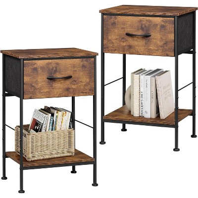 Nightstand Set of 2 with Fabric Storage Drawer and Open Wood Shelf, End Table with Steel Frame
