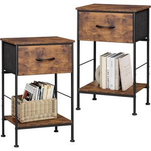 Nightstand Set of 2 with Fabric Storage Drawer and Open Wood Shelf, End Table with Steel Frame - 1 of 4
