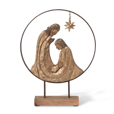 Gold and Brown Metal and Wood Nativity Sculpture