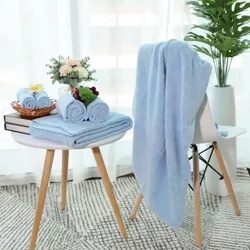 PiccoCasa Ultra Soft Absorbent 100% Cotton Bath Towel and Washcloth Sets 55x27/29x13/13x13inches Light Blue 6 Pcs