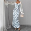 Coolmee Women's Floral Print Bodycon Fishtail Dress Ruched Lantern Long Sleeve Holiday Dresses - 3 of 4