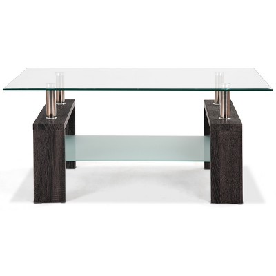 Tangkula Glass Coffee End Side Table Rectangular w/ Shelf Wooden Leg Black/Brown