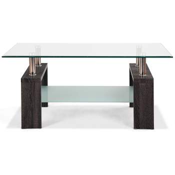 Tangkula Glass Coffee End Side Table Rectangular w/ Shelf Wooden Leg Black/Brown
