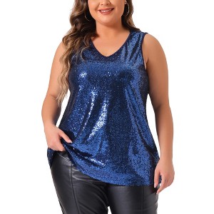Agnes Orinda Women's Plus Size Sleeveless Front Sparkle Glitter Sequin V Neck Tank Top - 1 of 4