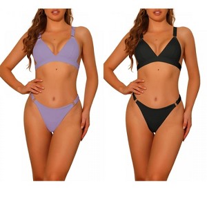 Elerevyo Women's Adjustable Wide Straps Back Clasp Ribbed Basic Beach Ring Triangle Swimwear Bathing Suits 2 Sets - 1 of 4