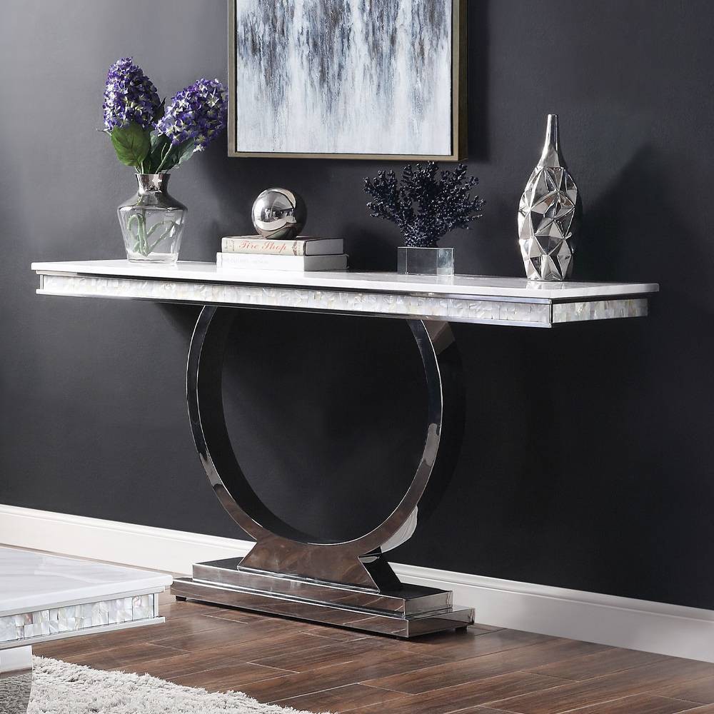 Photos - Coffee Table 63" Zander Accent Table White Printed Faux Marble/Mirrored Silver Finish 