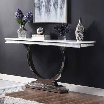 63" Zander Accent Table White Printed Faux Marble/Mirrored Silver Finish - Acme Furniture
