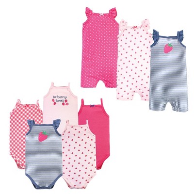 Hudson Baby Infant Girl Cotton Bodysuits and Rompers, 8-Piece, Pink Strawberry