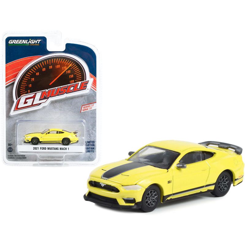 2021 Ford Mustang Mach 1 Grabber Yellow with Black Stripes "Greenlight Muscle" Series 27 1/64 Diecast Model Car by Greenlight, 1 of 4