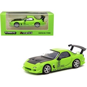 Vertex RX-7 FD3S RHD Light Green with Matt Black Hood and Graphics "Global64" Series 1/64 Diecast Model Car by Tarmac Works - 1 of 3