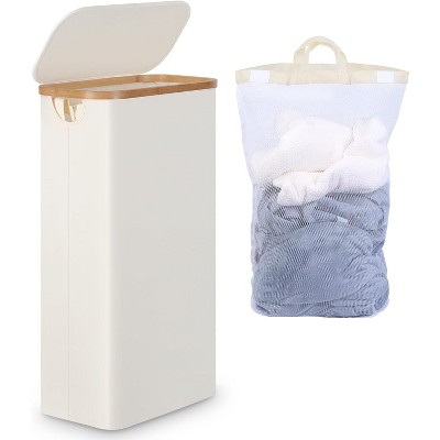 Laundry Basket with Lid, Narrow Laundry Hamper with Removable Bag, Skinny Dirty Clothes Basket with Bamboo Handles