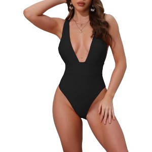 INSPIRE CHIC Women's Deep V Plunge Monokini Backless Bikini Set, Wide Strap Slimming Swimwear Bathing Suit 1 Set - 1 of 4