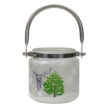 Northlight 4" Deer, Pine and Snowflakes Hand Painted Flameless Glass Candle Lantern