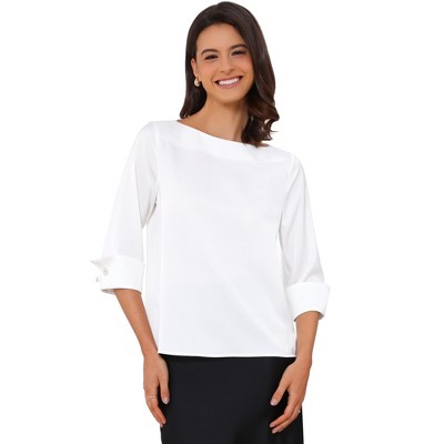 INSPIRE CHIC Women's Satin Dressy 3/4 Sleeve Boat Neck Work Blouse