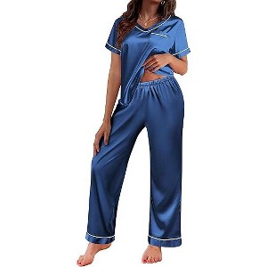 Ekouaer Satin Pajamas for Women Short Sleeve Silk Pajama Sets Soft Sleepwear Top with Causal Long Pj Pant - 1 of 4