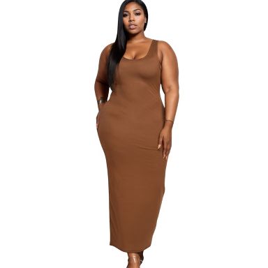 Slickblue Plus Size Solid Maxi Dress for Women, Sleeveless Stretch Jersey Knit, Casual Fit, Downtown Brown, Size 1XL