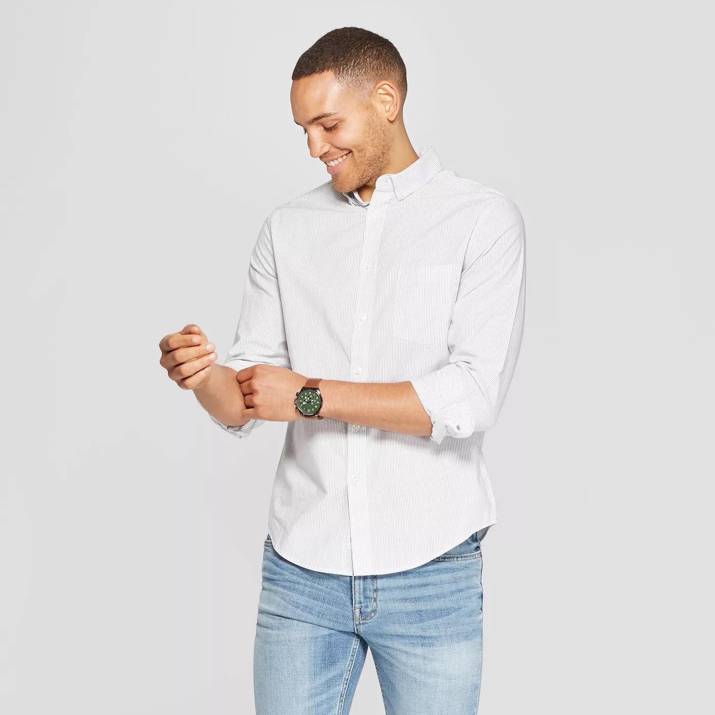 Men's Striped Standard Fit Long Sleeve Northrop Poplin Button-Down Shirt - Goodfellow & Coâ¢ White - image 1 of 3