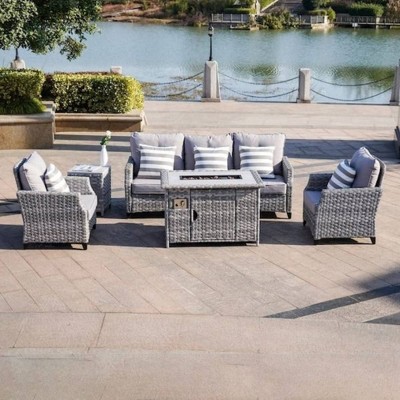 5pc Patio Wicker Conversation Set with Fire Pit - Direct Wicker