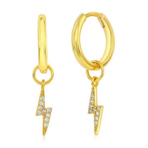 Bella Silver Sterling Silver Lightning Bolt CZ Charm Huggie Hoop Earrings - Gold Plated - Gold - 1 of 2