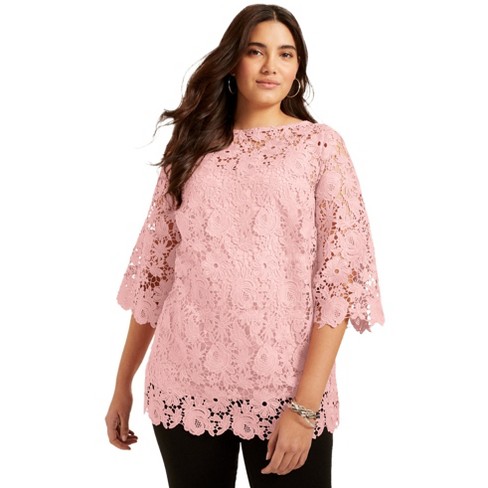 Roaman's Women's Plus Size Lace-embellished Swing Ultra Femme Top : Target