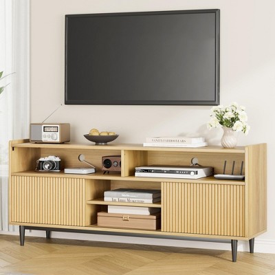 Fluted TV Stand Entertainment Center with 2 Sliding Doors and Opened Shelf for 75" TV, Boho Wooden Media TV Console for Living Room, Bedroom