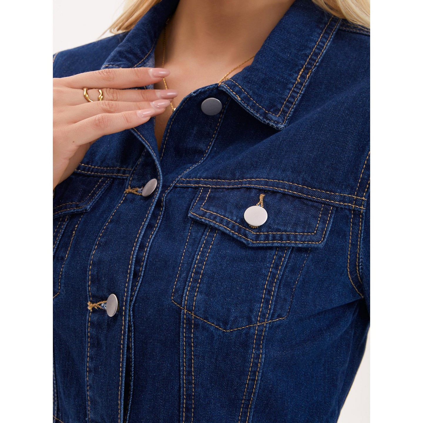 Женские куртки INSPIRE CHIC Denim Button Down Turndown Collar Long Sleeve Ruffle Hem Peplum Jean Jackets X-Large Dark Blue, цвет: Джинсовый — фото 5