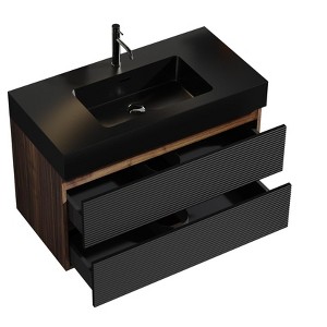 Phiestina 36" Walnut Bathroom Vanity with Matt Black Engineered Quartz Sink, Soft Close Drawers, Wall Mounted Floating Vanity for Modern Bath, KD - 1 of 4