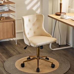 VINGLI Olive Green Velvet Armless Office Desk Chair with Gold Base/Wheels, Small Cute Vanity Chair with Back,Adjustable Rolling Nail Chair - 1 of 4