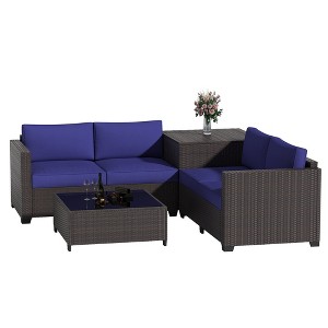 Decksplore Outdoor Lounge Set PE Wicker with Iron Frame Navy Blue Sofa & Coffee Table Combo - 1 of 4