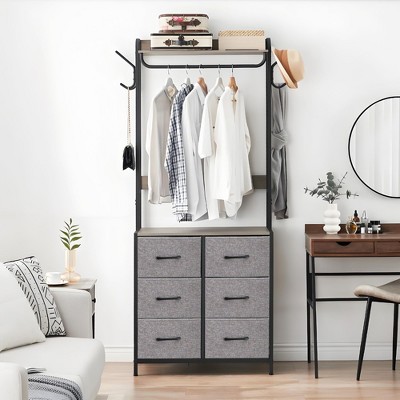 Clothes Rack, 6 Drawer Rack with Hanging Rods, Metal Frame Wardrobe Closet w/Wooden Top, Freestanding Tall Clothing Rack for Bedroom, Hallway, Gray