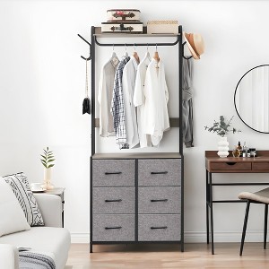 Clothes Rack, 6 Drawer Rack with Hanging Rods, Metal Frame Wardrobe Closet w/Wooden Top, Freestanding Tall Clothing Rack for Bedroom, Hallway, Gray - 1 of 4
